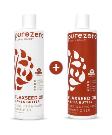 Purezero Flaxseed Oil & Shea Butter Shampoo and Conditioner Set - Curl Care - For Curly Hair Detangle & Defrizz - Zero Sulfates/Parabens/Dyes -100% Vegan & Cruelty Free - Great For Color Treated Hair