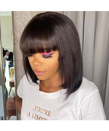 10 Inch Short Bob Human Hair Wig with Bangs - 150% Density Straight Bang Bob for Women (Natural Black) - Buy Online on GoSupps.com