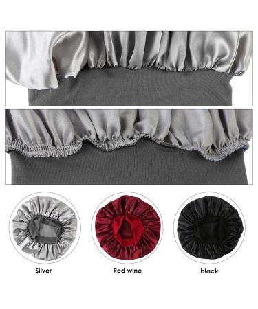 Petyoung 3 Pack Satin Sleep Caps for Women & Girls - Elastic Wide Band Beanie Hat for Curly Hair - Wine Red, Black, Silver - Buy Online on GoSupps.com