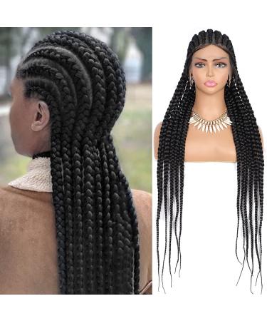 Lexqui 36" Full Lace Front Braided Wigs for Black Women Box Braids Wig with Baby Hair Synthetic Lace Frontal Black Cornrow Braided Wigs 1B