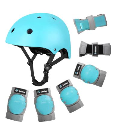 Ledivo Kids Adjustable Helmet Suitable for Ages 3-14 Years Toddler Boys Girls, Sports Protective Gear Set Knee Elbow Wrist Pads for Bike Bicycle Skateboard Scooter Rollerblading Blue-2 Medium (8-14 yrs old)