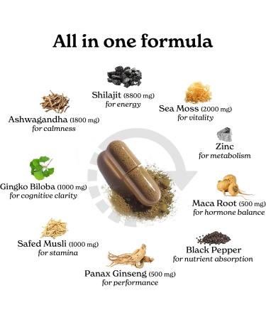 8800mg Shilajit Maca Root Ginkgo Biloba Sea Moss Ashwagandha Panax Ginseng Safed Musli & Zinc| Boost Stamina & Energy 120 Capsules| 95 + minerals| All in One Herbal Supplement for Men & Women All In One -Pack of 1 - Buy Online on GoSupps.com