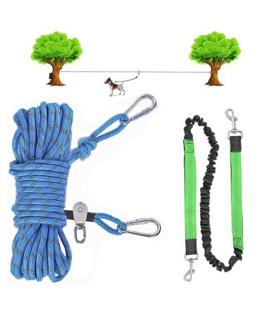 Hawsam 50ft Dog Tie Out Cable for Camping with 4ft Bungee Binding - Overhead Trolley System for Small/Midium/Large Dogs up to 300 lbs with 360 Movable Pulley for Gardens Parks and Camping 50ft Calbe and 4ft Bungee Binding