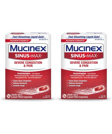 Mucinex Sinus-Max Maximum Strength Severe Congestion & Pain Sinus Symptom Relief Pain Reliever Cough Suppressant and Nasal Decongestant 16 Liquid Gels (Pack of 2)