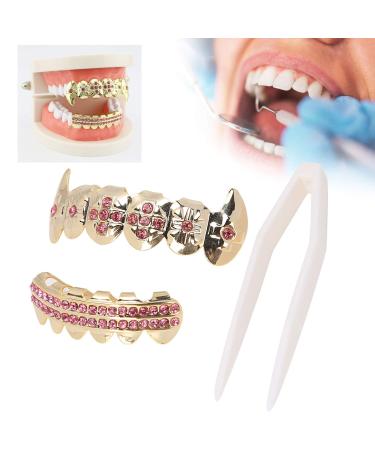 Hip Hop Grillz & Copper Teeth Decoration Set - Gold Cold Coated Braces for Upper & Lower Teeth (Pink) | International Shipping Available - Buy Online on GoSupps.com