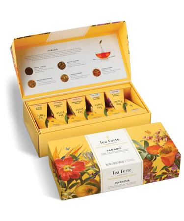 Tea Forte Petite Presentation Box Tea Samplers Assorted Variety Tea Box 10 Handcrafted Pyramid Tea Infusers (Paradis) Fruits