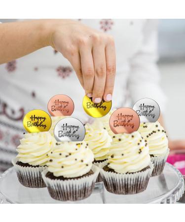36 Pieces Acrylic Cake Disc Mirror Cupcake Toppers Happy Birthday Cake Toppers Mini Round Engraved Topper Silver Rose Gold DIY Acrylic Cake Charm Gold Charms Decorations for Cupcake Decoration - Buy Online on GoSupps.com