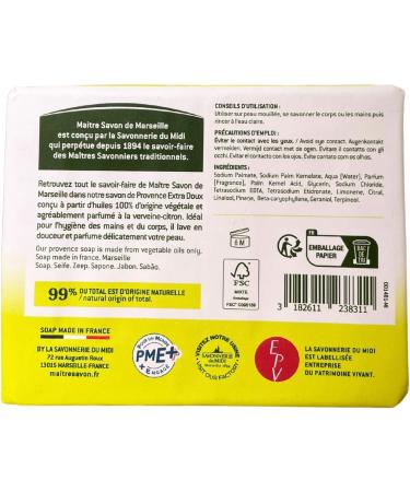  MAITRE SAVON DE MARSEILLE Master Marseille Soap - Provence Soap with Verbena and Lemon - Extra Mild - 2 x 100g - 99% Natural Ingredients - Body & Hands - Buy Online on GoSupps.com