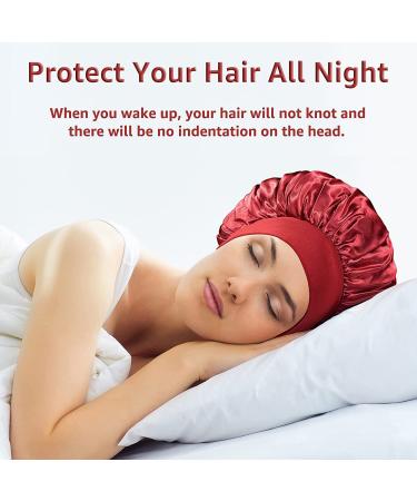 Satin Bonnet Night Sleep Caps - 3 Pack with Wide Elastic Band for Women and Girls - Silk Hair Wrap for Curly Hair - Pink Black Red - Buy Online on GoSupps.com