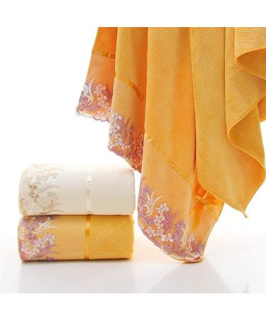 Lace Edge Embroidered Bath Towel Set - Super Absorbent Fiber - Yellow - 3 Piece Set - Buy Online on GoSupps.com