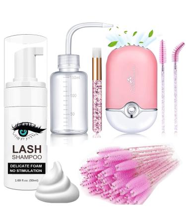 Shmian Lash Shampoo for Lash Extensions. Lash Fan with 50ml Eyelash Foam Cleanser and 50 Pcs Eyelash Brush and Rinse Bottle Oil Free/Sulfate Free Eyelash Wash Remover For Eyelash Extension Makeup pink