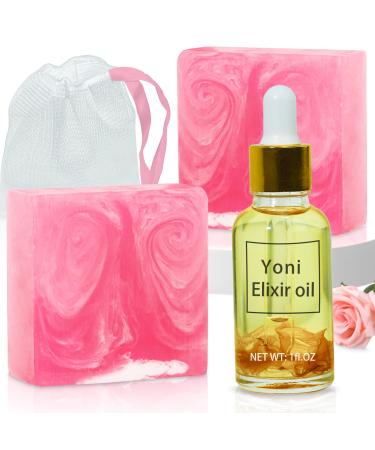 Yoni Soap Bars Yoni Oil Feminine Wash Set Vaginal Wash Yoni Wash for Women PH Balance Hand Made and Organic Yoni Bar Soap for Face & Body 1 fl.oz Feminine Oil & 2 * 3.52oz shower Soap bars Rose