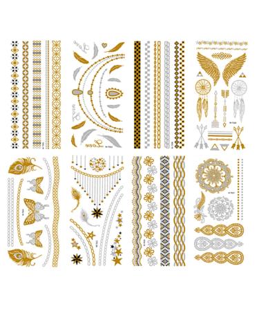 8 Sheets Gold Metallic Temporary Tattoos for Women - Shimmer Designs, Jewelry Fake Tattoo Stickers - Waterproof Body Makeup - Buy Online on GoSupps.com