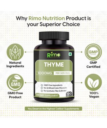 Rimo Nutrition Thyme Herbal Supplement Vegetarian Capsules (Thymus Vulgaris) Dried Leaf (120 Capsules) 1000mg Per Serving - Buy Online on GoSupps.com