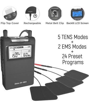 iStim EV-804 TENS/EMS 2 Channel Combo Machine - Muscle Stimulator for Back Pain Relief - 7 Modes/24 Programs - Rechargeable with Electrode Pads - Buy Online on GoSupps.com