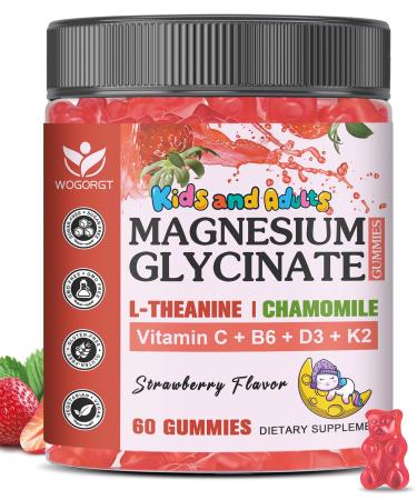 Magnesium Glycinate Gummies for Kids & Adults - Relaxation & Cognition Support - 400/200mg Magnesium Supplement with L-Theanine, Chamomile, B6, D3 & K2 - Vegan, Sugar Free, Strawberry Flavor, 60 Ct Strawberry 60 Count (Pack
