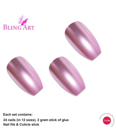 Bling Art Pink Metallic Ballerina Coffin False Nails - 24 Long Artificial Nails with Glue - Perfect for Stunning Nail Art - Buy Online on GoSupps.com