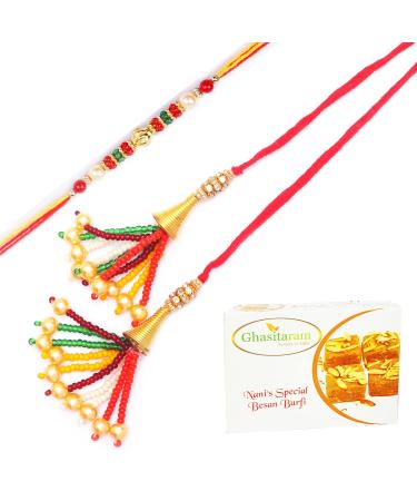 Ghasitaram Gifts Rakhis Online - Rakhi for Brother- Coloured Beads Bhaiya Bhabhi Rakhi with 400 GMS of Besan Barfi Rakhi Set with 400 gms of Besan Barfi