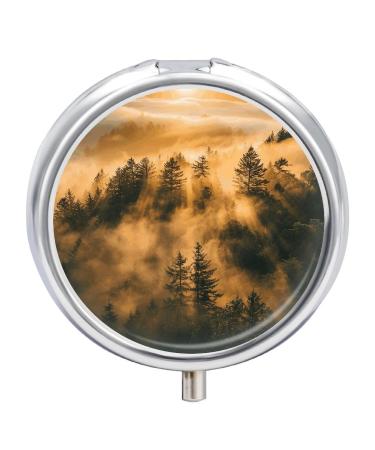 Pill Box Pill Case 3 Compartment Travel Pill Box Warm Pine Trees Printing Small Pill Box Portable Medicine Pill Case Pill Organizer for Purse & Pocket for Travel Handbag (Round)