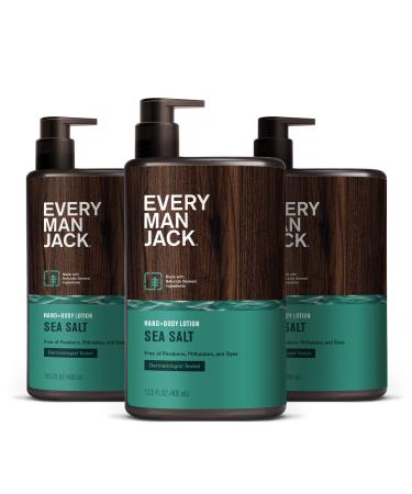 Every Man Jack Mens Sea Salt Hand & Body Lotion for All Skin Types - Dermatologist Tested & Hypoallergenic - Nourish Skin with Lightweight Fast Absorbing Lotion - 13.5oz 3 Bottles