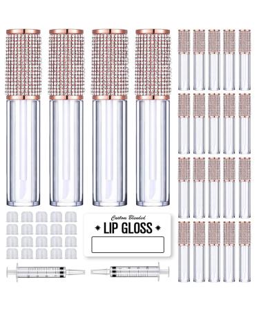 24 Pack Crystal Rhinestone Lip Gloss Tubes with Wand 5ml Empty Lip Gloss Containers Lipgloss Bottles with Stoppers Free 5pcs Gift Bags + 2pcs Syringes for DIY Lip Gloss Balm Crystal Rhinestone x 24pcs