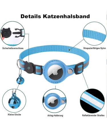 Mouyou Airtag Cat Collar - Soft Reflective Nylon with Bell & Safety Clasp | Adjustable 22-34cm Blue Tracking Collar with Airtag Case - Buy Online on GoSupps.com