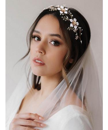 SWEETV Gold Wedding Headband - Pearl Flower Bridal Hairpiece for Women - Crystal Hair Vine Accessory - Buy Online on GoSupps.com