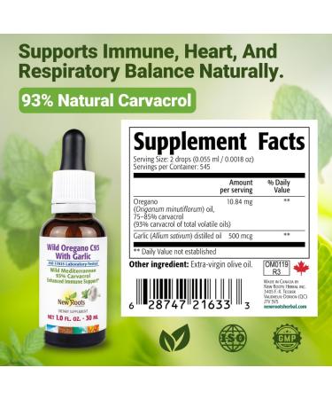 NEW ROOTS HERBAL Wild Oregano Oil Tincture with Garlic (1 fl oz) | 93% Carvacrol Oregano Oil Drops Enhanced Immune Support Supplement l Non GMO Vegan GMP Certified Oregano with Garlic 30ml - Buy Online on GoSupps.com