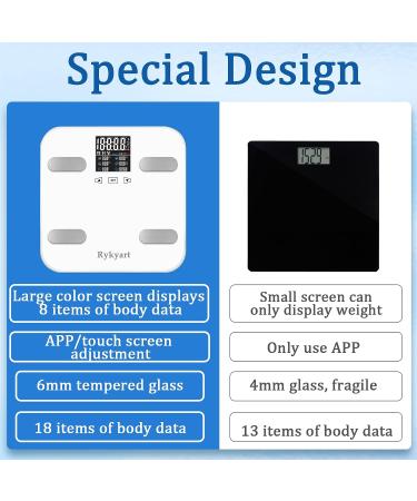 Rykyart Touch Screen Body Fat Scale | Bluetooth BMI Weight Scales with 18 Body Data | Digital Bathroom Scale Sync with Fitness App - Buy Online on GoSupps.com