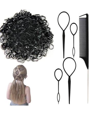 1000Pcs Elastic Rubber Bands with Topsy Tail Hair Tools Set French Braid Tool Loop and Rattail Comb  Small Elastic Hair Ties for Girls Toddler Women Hair Braid Accessories Hair Styling Black