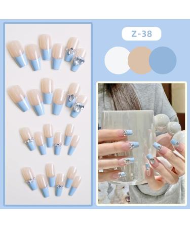 French Tip Press on Nails - Mid length Press On Nails with Nail Tips Blue Edge Love Diamond Chain Design Glossy white press on nails Acrylic False Nails Cute Artificial Nails - Buy Online on GoSupps.com
