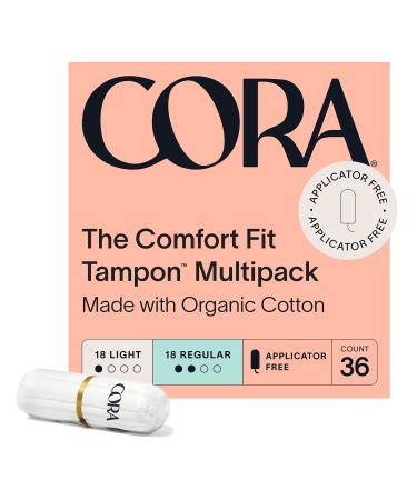Cora 100% Organic Cotton Non-Applicator Tampons | Ultra-Absorbent Unscented Natural Non-Toxic Applicator Free | Eco-Conscious (36 L/R Tampons)