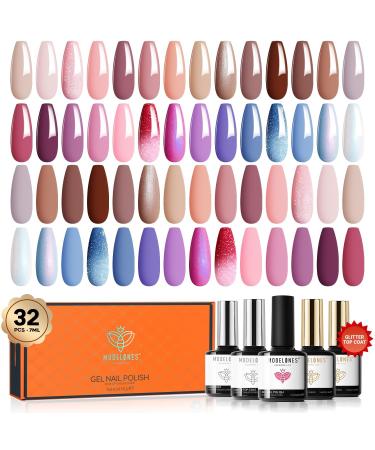 Modelones 32 Pcs Gel Nail Polish Kit 28 Colors Gel Polish Kit with Glitter Glossy&Matte Top Base Coat Nude Pink Blue Purple Glitter Nails Gifts for Women DIY Salon Home