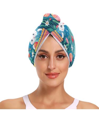 Easter Rabbit Flowers1 Hair Towel 2 Pack Super Absorbent Hair Drying Towel Quick Dry Hair Turbans Head Towel with Button Twisty Wrap for Women Girls