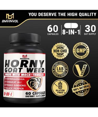 BMVINVOL Horny Goat Weed Capsules with Panax Ginseng Tribulus Ashwagandha Maca Tongkat Ali Nettle Black Pepper - 60 Capsules - Buy Online on GoSupps.com