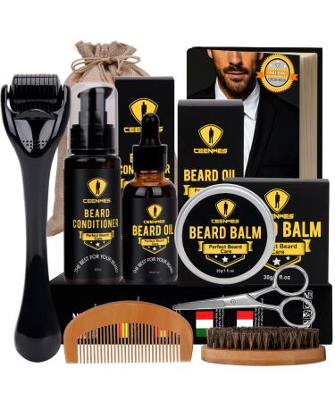 Ceenwes Upgraded Beard Grooming Kit - Conditioner Oil Brush Comb Balm Scissors Storage Bag for Beard and Mustache Trimming Perfect Men's Gift