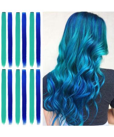 12 Pcs Colored Clip in Hair Extensions 22 Inch Colorful Highlights Hairpieces Straight & Long Heat-Resistant Synthetic Hair for Kid Girls Women Party Hair Decor (12Pcs-Dark Blue/Turquoise)