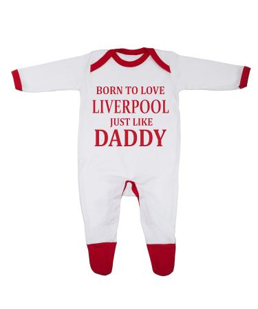 'Born To Love Liverpool Just Like Daddy' Baby Boy Girl Sleepsuit Designed and Printed in the UK Using 100% Fine Combed Cotton 0-3 Months White/Red Trim