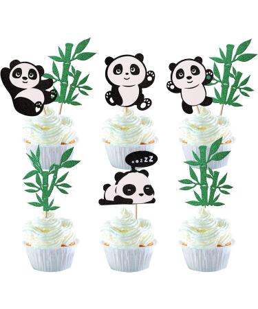 24 Panda Glitter Green Bamboo Cupcake Toppers - Cute Animal Cake Decorations for Baby Showers & Kids Birthday Parties - Buy Online on GoSupps.com
