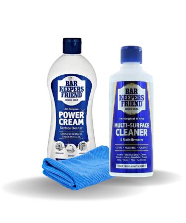 Bar Keepers Friend Powder and Power Cream Cleaner. Barkeepers Multi Surface & Stain Remover bundled with Power Cream and Microfibre Cloth for Bartenders or Home Cleaning UK