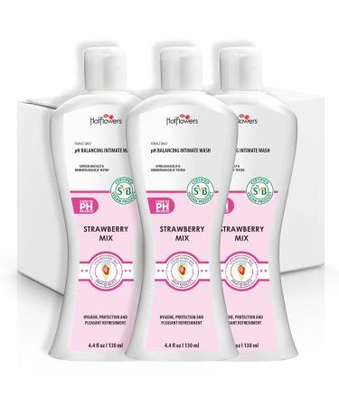 HOT FLOWERS Strawberry Mix Feminine Wash for Intimate Care Women pH Balanced for Essentials Body Health Daily Use Dry Skin Gynecologist Tested 4.4 oz.