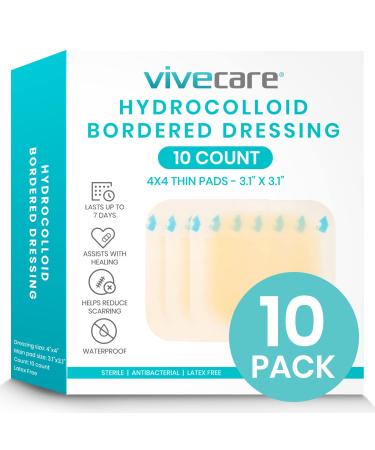 Vive Hydrocolloid Bandages (10 Count) - Waterproof Adhesive Large Blister Dressings - Medical Gauze Pads for Acne Breakouts, Bed Sores, Burns, Cysts and Ulcer Treatment - Highly Absorbent (4" x 4") 4 Inch