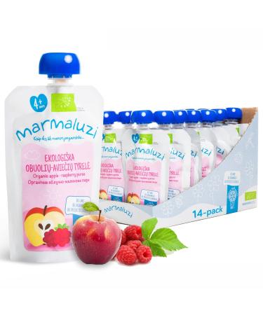 Organic Quetschies by Marmaluzi - Premium Baby Quetschie for children from 4 months - fruit puree without added sugar and additives - apple & raspberries - 14 Pack (14 x 90g.)
