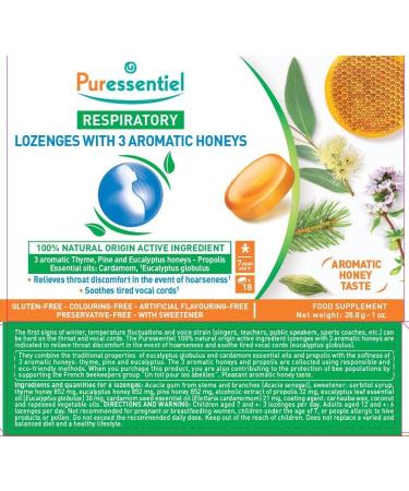 Puressentiel - Respiratoire - Pastilles 3 Miels Aromatiques - Thym Pin et Eucalyptus Propolis - Adoucit la gorge en cas d'enrouement - Bo te de 18 pastilles (Lot de 2) 1 Count (Pack of 1) (Lot de 2) 3 miels aromatiques - Buy Online on GoSupps.com