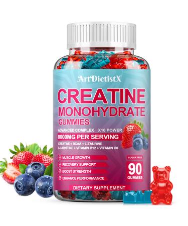 Creatine Monohydrate 8000mg Gummies with BCAA, L-Carnitine, Taurine & Vitamin B12 - Pre Workout Supplement for Muscle Growth, Strength & Energy, Multi-Flavor Chewable Gummies, 90 Count for Men & Women Mixed Berry 90 Count (
