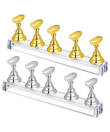Yasmous 2 Sets Fingernail DIY Nail Art Stand Magnetic Stuck Crystal Nail Art Holder Training Fingernail Display Stands Nail Art Practice Stands for False Nail Manicure Tool (Gold and Silver)