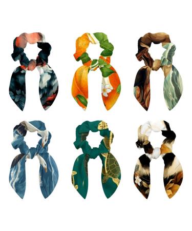 6 Pieces Bow Hair Scrunchies Rabbit Bunny Ear Scrunchies Orange Pattern Bow Bowknot Scrunchies Bobbles Elastic Hair Ties Ropes Ponytail Holder Accessories for Women Girls Color 1
