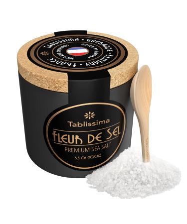 Fleur de Sel - Premium Sea salt from Guerande France - Flaky Sea Salt from the Celtic Sea - Salt Cork box and Wooden salt spoon included - 3.5 Oz (100g)