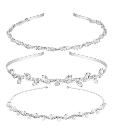 Fantesi 3 pieces wedding bridal headband rhinestone hair band silver hair crown tiara crystal pearl bride hair -ready elegant wedding accessories