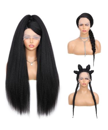 WIGNEE 26 Inches Kinky Straight Lace Front Wig 13x4x1 T Part Lace Front Wigs Yaki Straight Synthetic Lace Front Wig 150% Density Natural Black Lace Frontal Wigs for Black Women Lace Front-1B 26 Inch (Pack of 1)